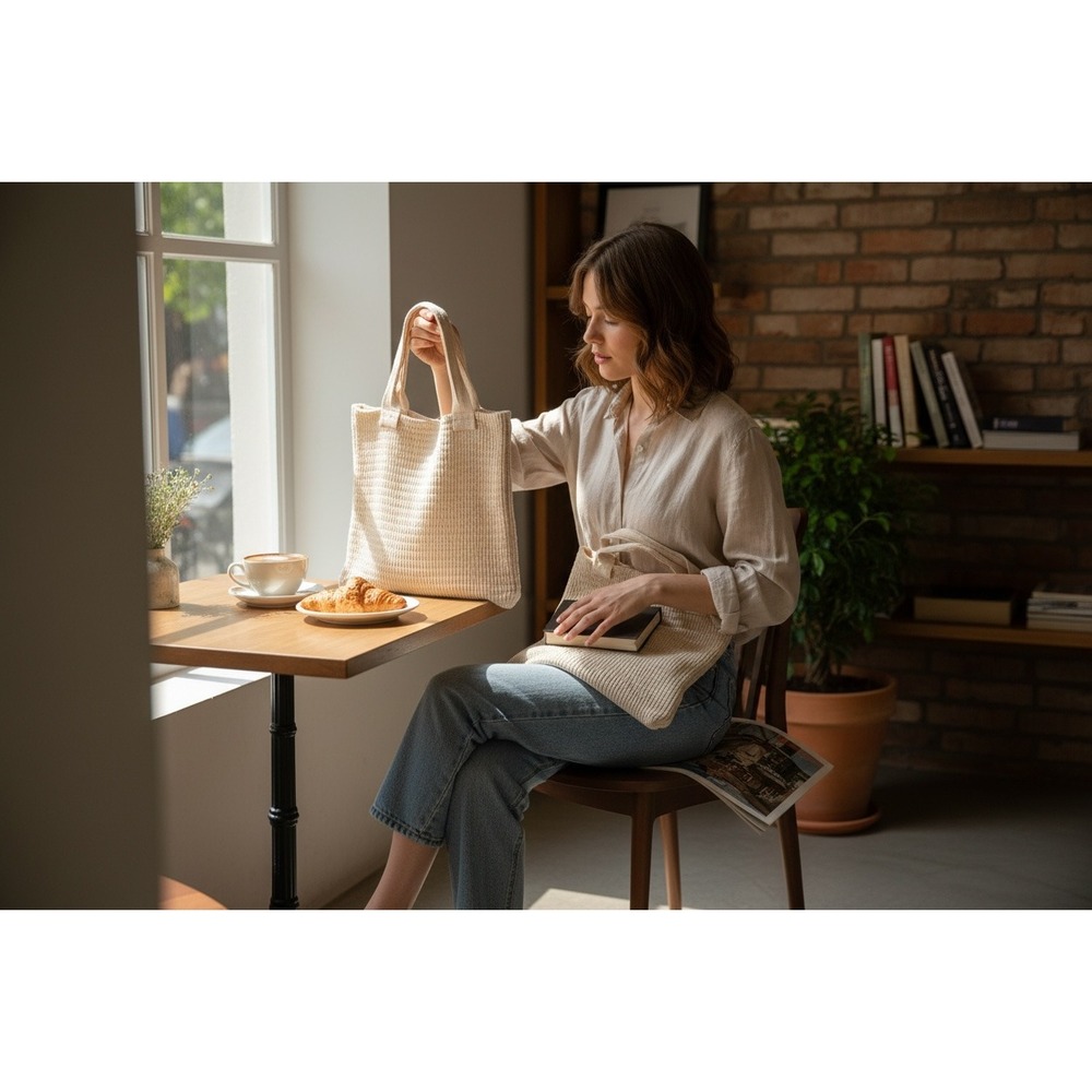 Crochet Knit Market Tote Bags Women's Cream, Beige, Chocolate Brown Boho Cottage